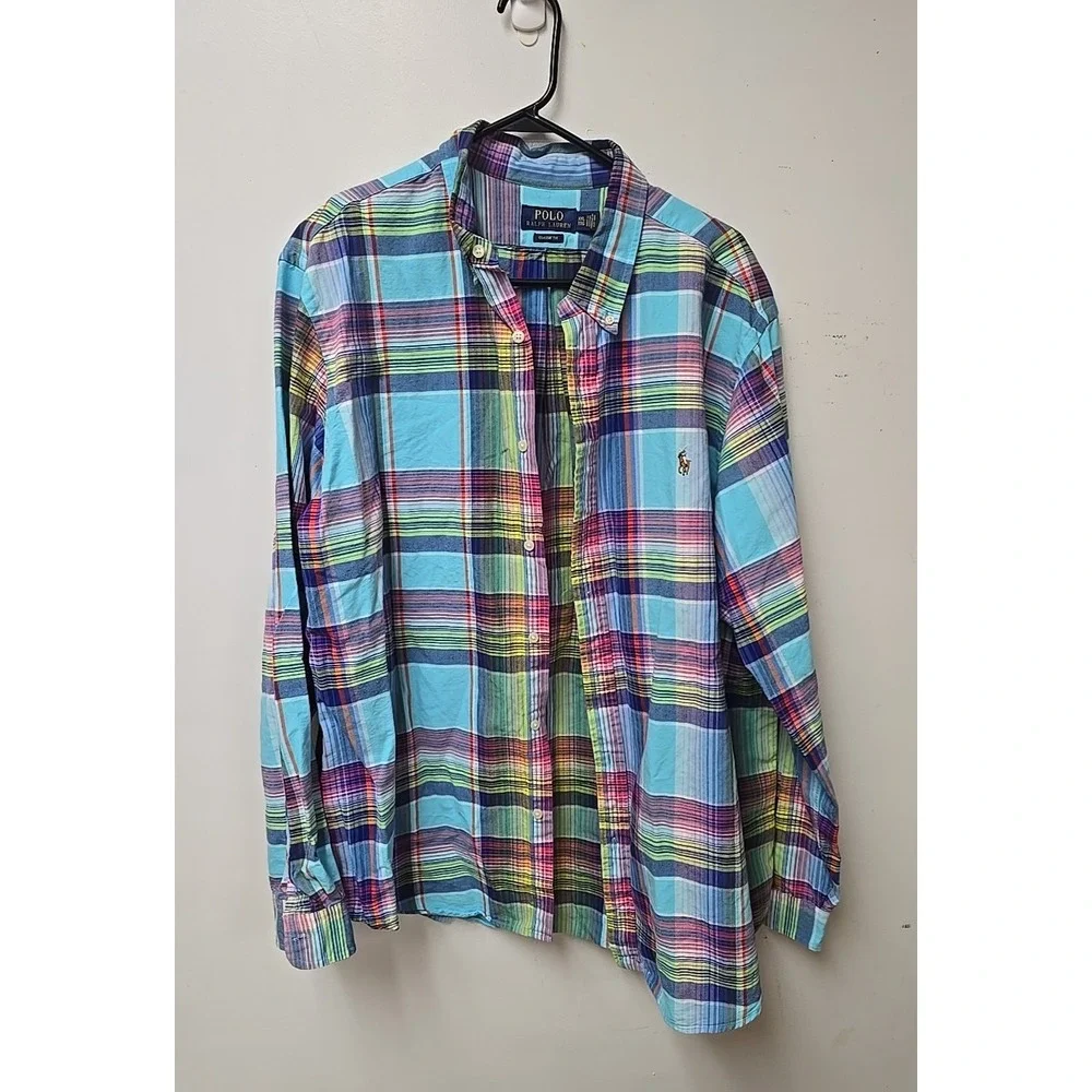 Vtg Polo‎ Ralph Lauren Blue Plaid Classic Fit Button Down Shirt Men's Size 2XL